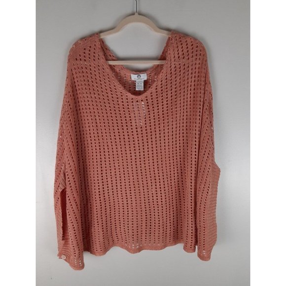 Big Buddha Coral Pink Sparkly Metallic Crochet Open Knit Poncho Sweater One Size - Picture 1 of 6